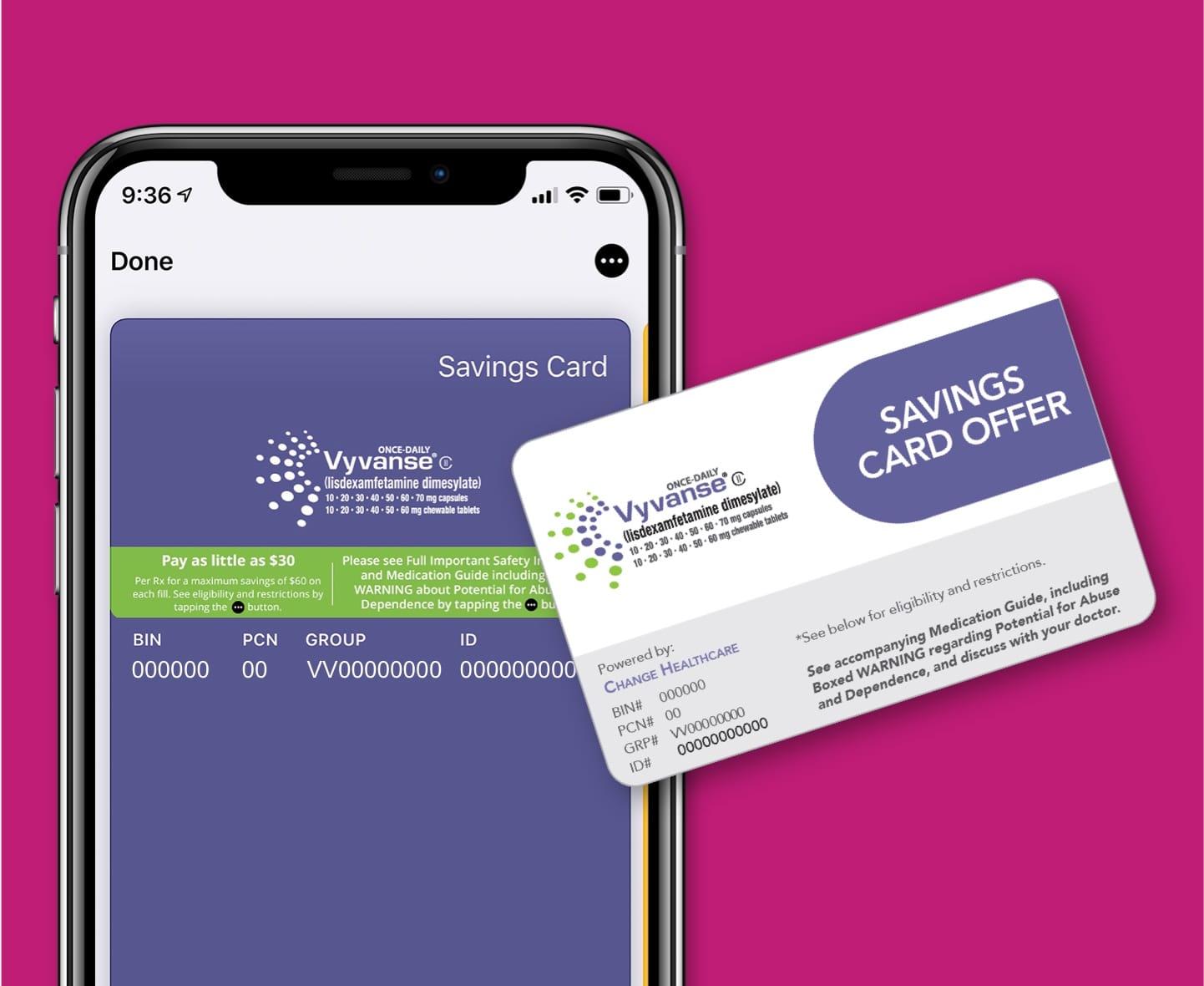 Vyvanse® Savings digital and physical card.